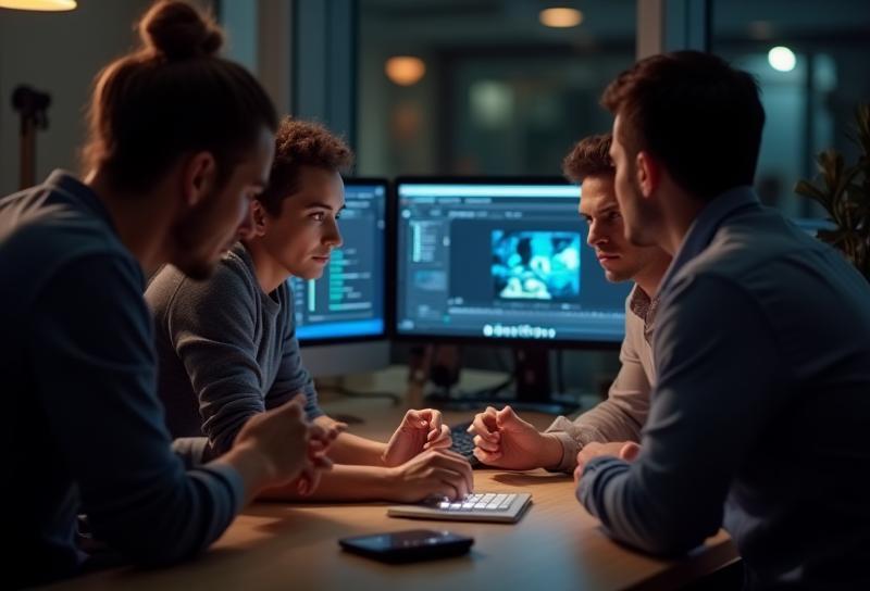 Diverse team collaborating intently in a modern studio setting with monitors and creative equipment