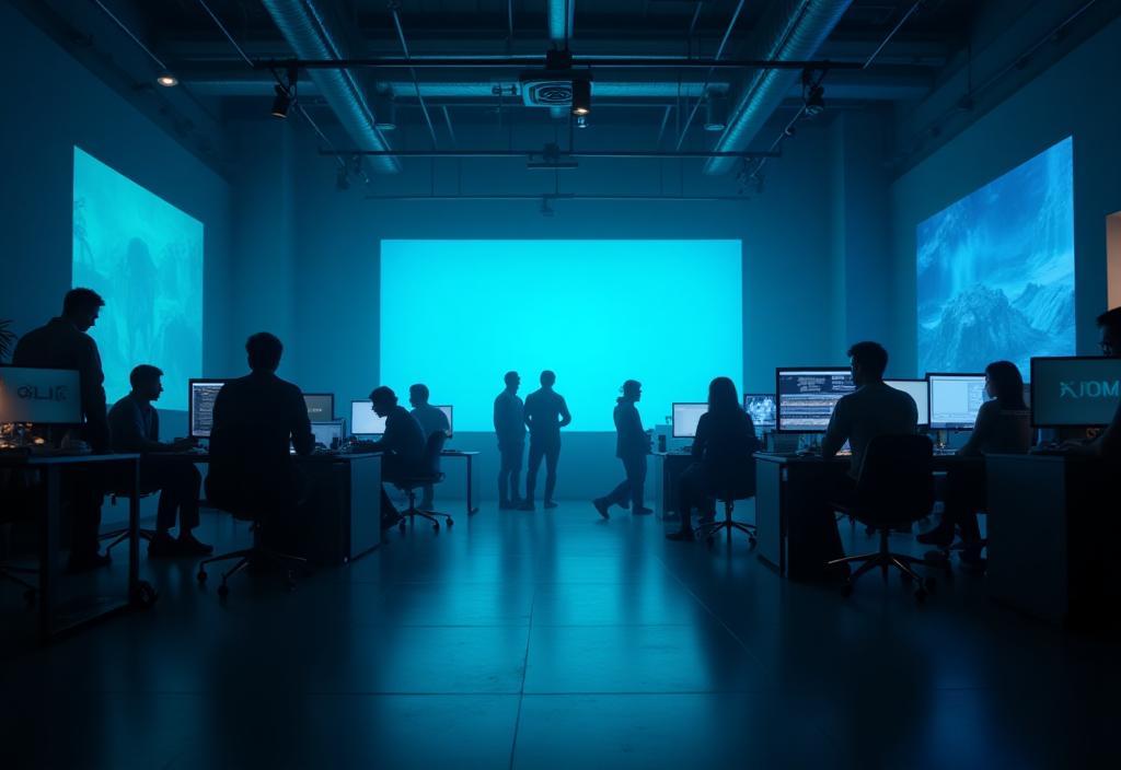 Wide shot of a modern creative studio environment in Mumbai with people working, bathed in cool, cinematic light
