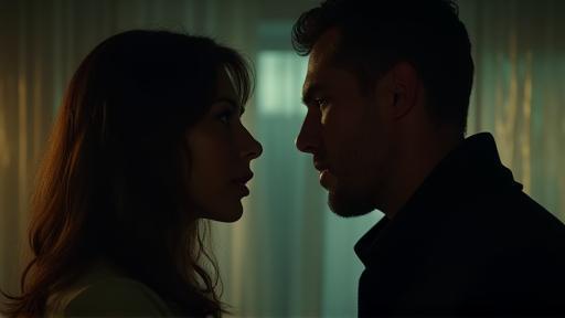 Dramatic film still from a production featuring two characters in intense conversation