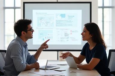 Two people discussing project ideas in a meeting room with notes