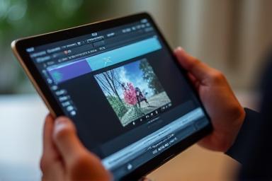 Hands presenting a digital file on a tablet for final review