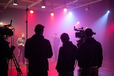 Camera crew filming on a vibrant set during production