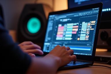 Person creating digital content on a laptop